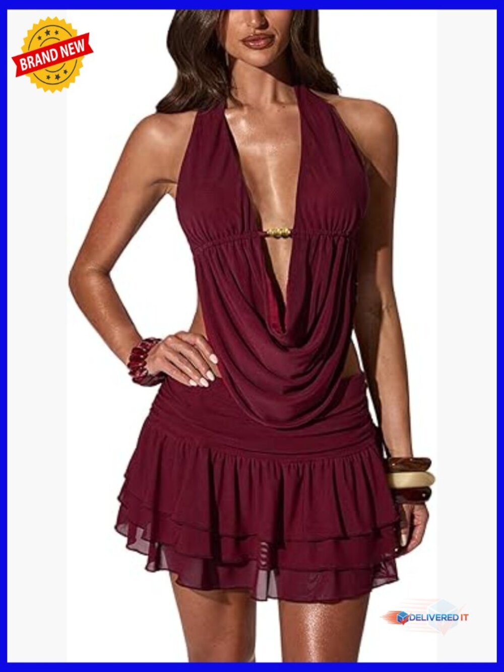 Women's 2 Piece Y2K Halter Crop Top & Ruched Ruffle Skirt Set
